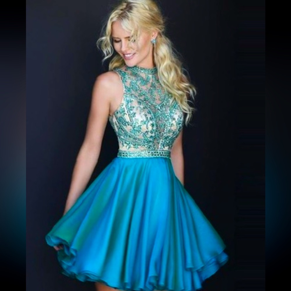 Sherri Hill halter skater dress, blue/teal/emerald, size 10, like new.